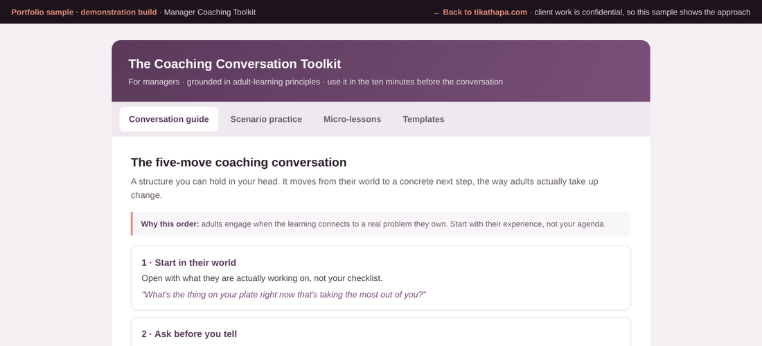 Screenshot of the coaching toolkit: a plum header reading The Coaching Conversation Toolkit, with tabs for conversation guide, scenario practice, micro-lessons and templates, above a numbered five-move structure.