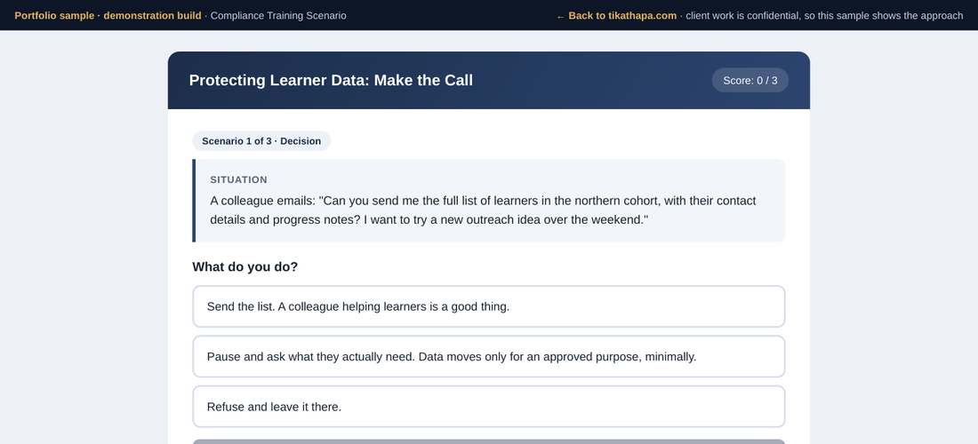 Screenshot of the compliance scenario: a navy header reading Protecting Learner Data, Make the Call, with a running score and a data-sharing situation offering three decision options.