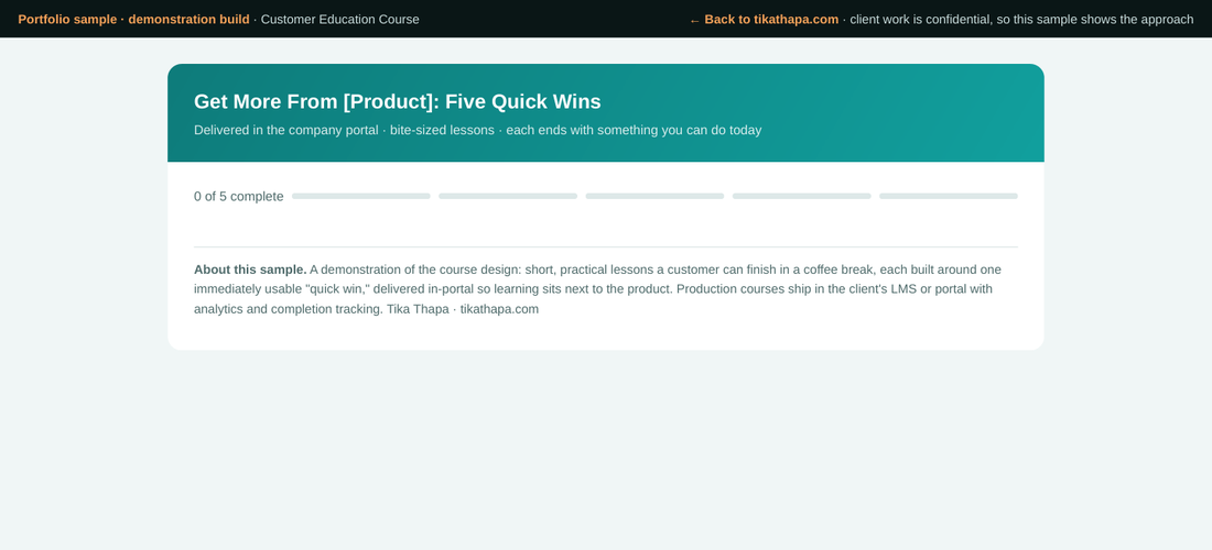 Screenshot of the customer education course: a teal header reading Get More From Product, Five Quick Wins, above a five-segment progress bar showing none complete.