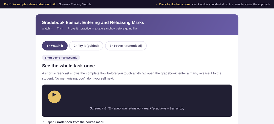 Screenshot of the software training module: a purple header reading Gradebook Basics, with a three-step Watch it, Try it, Prove it progress bar and a captioned screencast placeholder.
